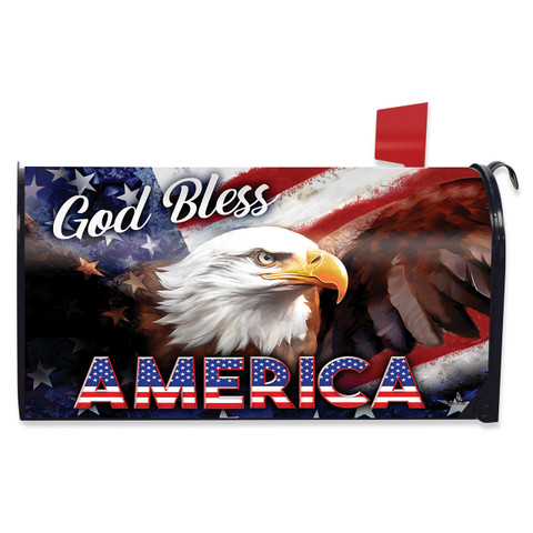 God Bless America Eagle Mailbox Cover with American flag and bald eagle design, red flag.