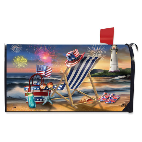 Oceanside Fireworks Mailbox Cover with beach scene, lighthouse, and American flag decorations on a blue background.