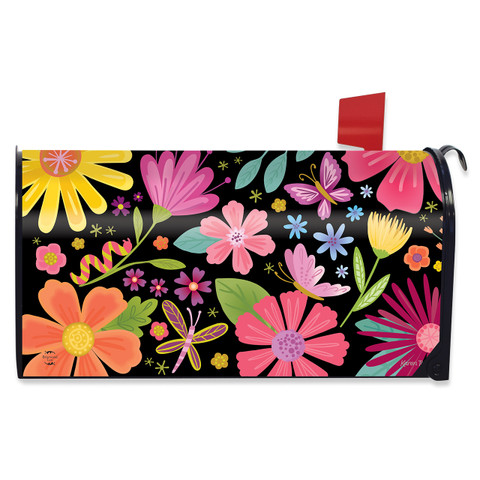 Spring Fling Mailbox Cover, black with colorful floral design, pink, orange, and yellow flowers and butterflies.