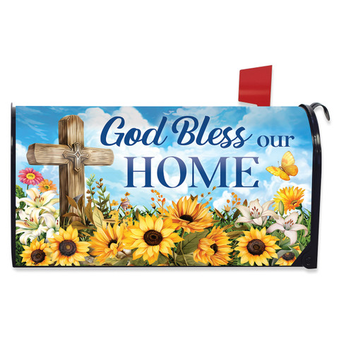 God Bless Our Home mailbox cover with cross, sunflowers, and butterflies on blue background.