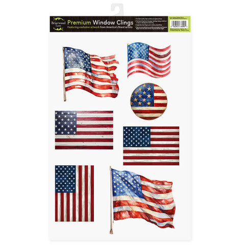 Wooden American Flag Window Clings, set of six red, white, and blue flag stickers.