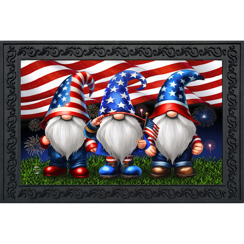 Saluting Gnome Doormat with three patriotic gnomes, American flag, and fireworks on green grass.