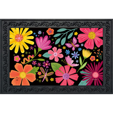Vibrant floral doormat with colorful flowers and leaves on black background, Spring Fling design.