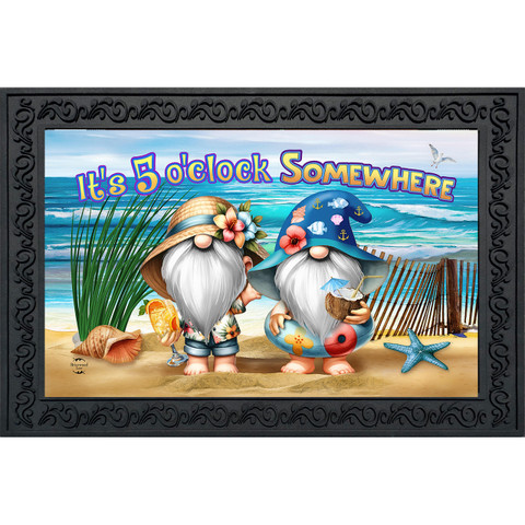 5 O'clock Beach Gnomes Doormat with colorful gnomes, beach scene, and "It's 5 o'clock Somewhere" text.
