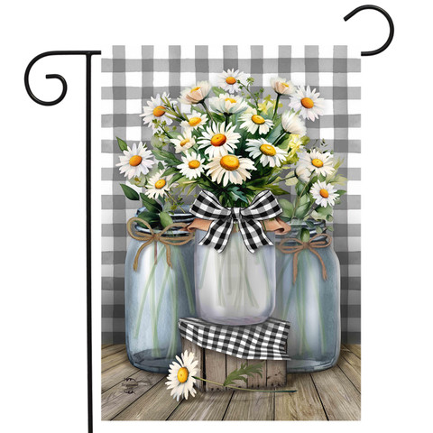 Farmhouse Jars Garden Flag with daisies in mason jars and gingham ribbons on wooden floor.