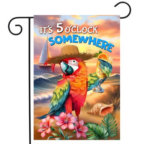 Sunset Parrot Garden Flag with colorful parrots and tropical design on a beach at sunset somewhere.