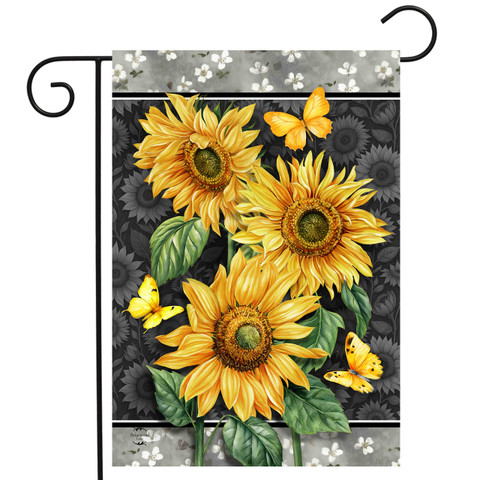 Elegant Sunflowers Garden Flag with yellow flowers, green leaves, and butterflies on gray background.