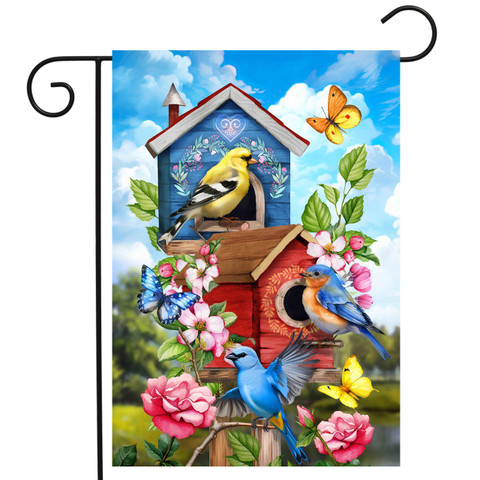 Floral Birdhouses Garden Flag with colorful birds, flowers, and birdhouses on a garden background design.