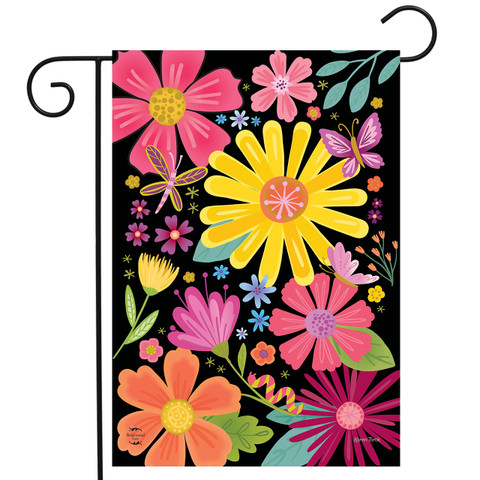 Vibrant floral garden flag with colorful flowers, butterflies, and dragonflies on a black background.
