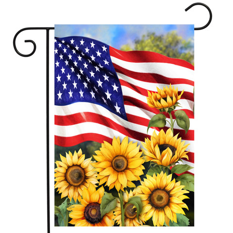 American Sunflowers Garden Flag with USA flag and yellow sunflowers on a decorative black metal hanger.