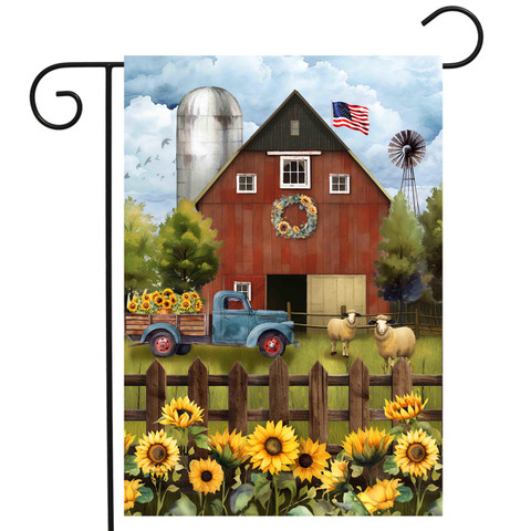 Sunflower Barn Garden Flag with red barn, blue truck, sunflowers, and sheep on a garden flag.