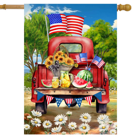 American Pickup Picnic House Flag with red truck, American flags, sunflowers, and patriotic picnic items.