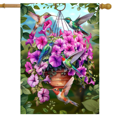 Hummingbirds and Petunias House Flag with colorful hummingbirds and pink flowers on a garden background design.