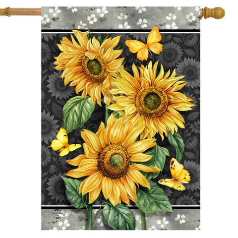Elegant Sunflowers house flag with vibrant yellow blooms and butterflies on a dark floral background.