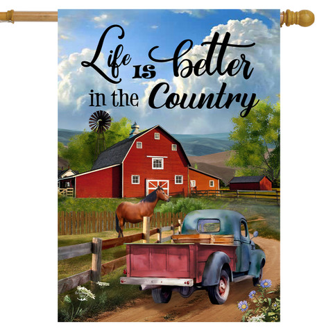 Life in the Country House Flag with rural scene and truck under blue sky with clouds.