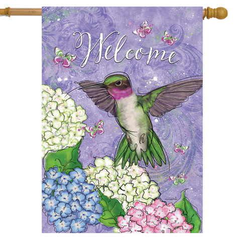 Hummingbird and Hydrangea house flag with green hummingbird, purple, pink, blue, and white hydrangeas, welcome text.