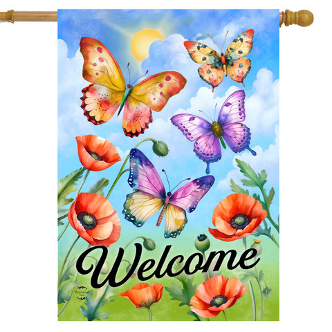 Butterflies and Poppies colorful welcome house flag with butterflies, flowers, and "Welcome" text on banner.