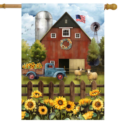 Sunflower Barn House Flag with red barn, blue truck, sunflowers, sheep, and American flag design.