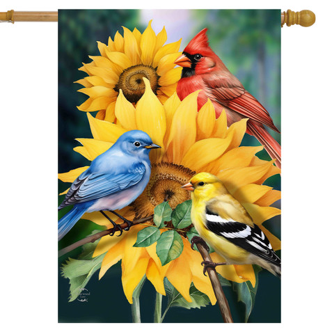 Birds in the Garden House Flag with sunflowers and colorful birds, blue, yellow, and red cardinal.