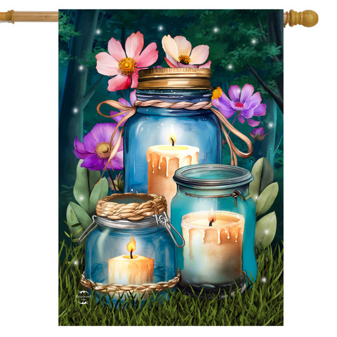 Be a Light Jars House Flag with candles in mason jars and colorful flowers outdoor decor.