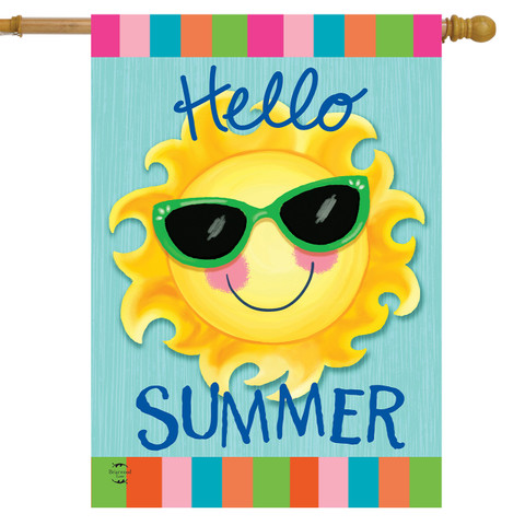 Hello Sun Summer House Flag with smiling sun wearing green sunglasses on light blue background.