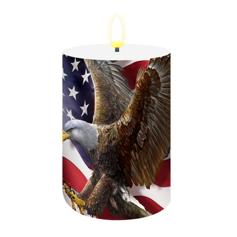 American Freedom Eagle Flameless Candle with USA flag design and brown eagle in flight.