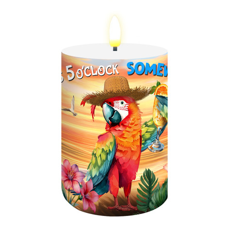 Sunset Parrot Flameless Candle with colorful parrot, beach scene and floral design on white background.