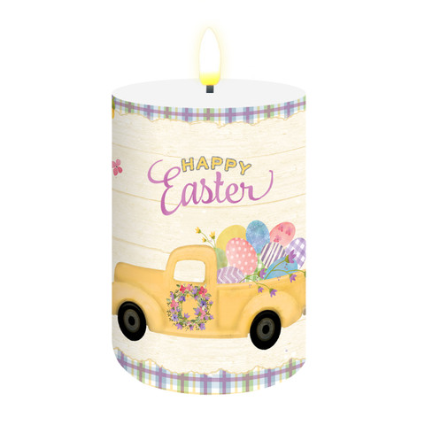 Happy Easter Pickup Flameless Candle, yellow truck, colorful eggs, floral wreath, plaid border, white background.