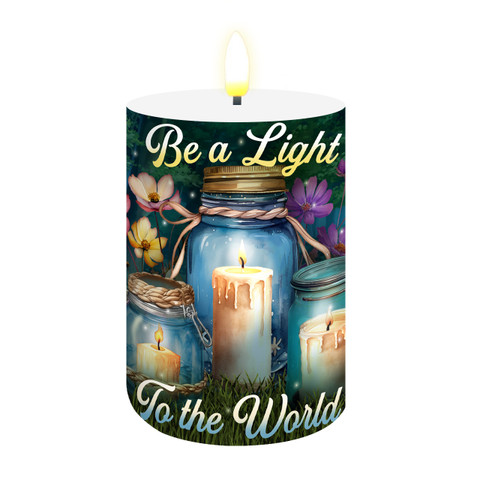 Be a Light Jars Flameless Candle with inspirational quote and candle design on cylindrical container.