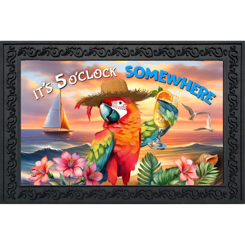 Sunset Parrot Doormat with colorful parrot, tropical flowers, and beach scene design in black frame.