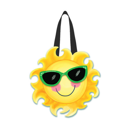 Hello Summer Sun Wood Door Hanger with smiling sun face wearing green sunglasses and pink cheeks.