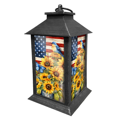 American Country Lantern with sunflowers, blue bird, butterflies, and American flag design on black metal.