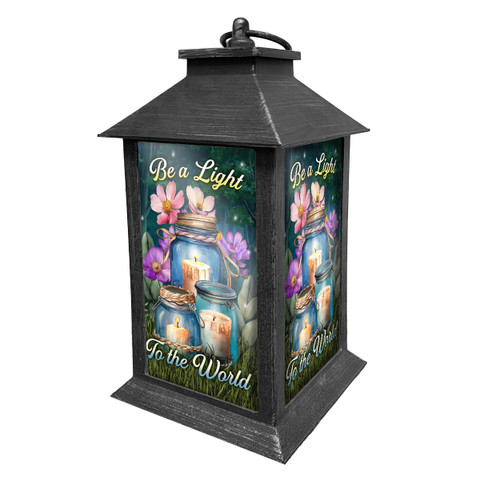 Be a Light Jars Lantern, black metal lantern with floral design and inspirational quote on sides.
