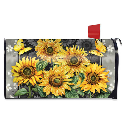 Elegant Sunflowers Mailbox Cover with vibrant yellow sunflowers and butterflies on a grey floral background.