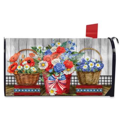 Red White and Beautiful Mailbox Cover with floral baskets and patriotic design on white background.