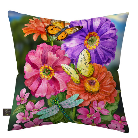Vibrant Zinnias in Bloom burlap pillow with colorful flowers, butterflies, and dragonflies on white background.