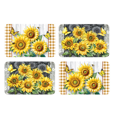 Four sunflowers placemats with yellow flowers, butterflies, and gingham patterns on a white background.