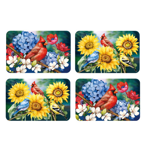 Four Birds in the Garden Placemats with cardinals, sunflowers, and flowers in a colorful design.