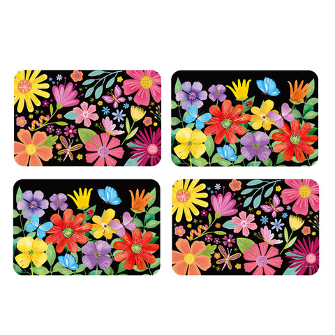 Four colorful floral placemats with vibrant flowers on a black background, Spring Fling Placemat 4-pack.