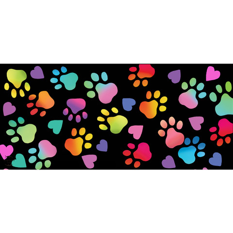 Rainbow Pawprints Mini Mat with colorful paw prints and hearts on a black background.