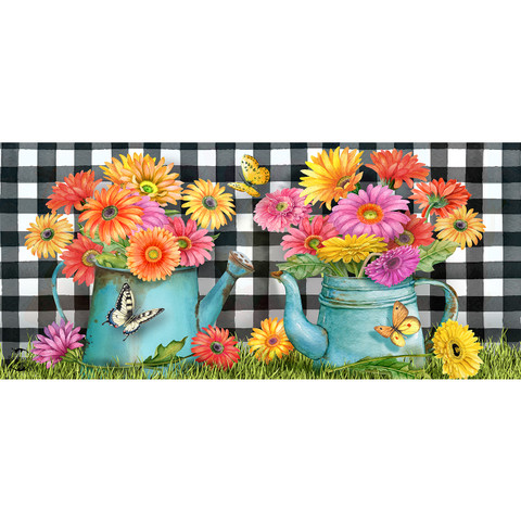 Gerber Daisy Watering Can Mini Mat with colorful flowers and butterflies on a checkered background.