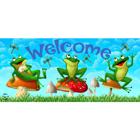 Happy Frogs Mini Mat with three green frogs on mushroom, welcome sign, grass, and blue sky.