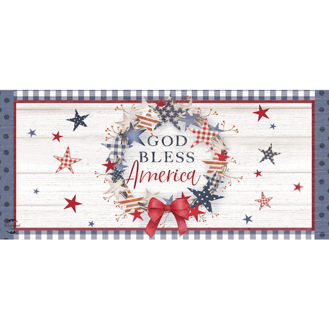 American Wreath Mini Mat with patriotic stars, red bow, and God Bless America text on wood.