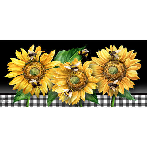 Buzzing Sunflowers Mini Mat with yellow sunflowers, green leaves, and bees on black and white checkered background.