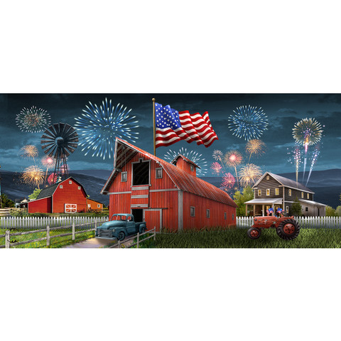 American Celebration Barn Mini Mat, red barn with American flag and fireworks, patriotic rural scene depicted.