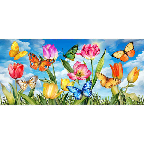 Sunshine Butterflies Mini Mat with colorful butterflies and tulips on a blue sky background design.