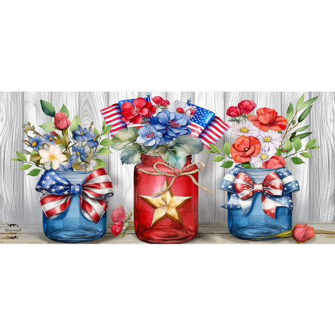 American Flowers Mini Mat with patriotic jars and floral arrangements in red, white, and blue colors.
