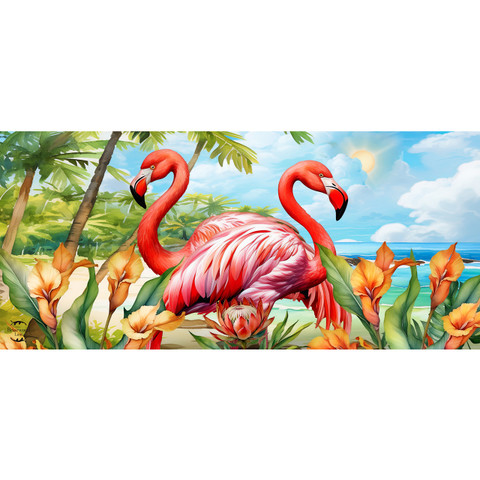 Flamingo Pair Mini Mat, pink flamingos, tropical flowers, palm trees on a beach background.