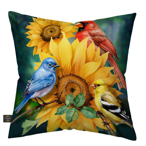 Birds in the Garden Indoor/Outdoor Pillow with sunflowers and colorful birds design.