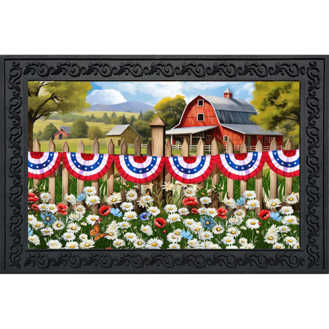 American Flower Field Doormat with red barn, white flowers, and patriotic bunting on a fence.